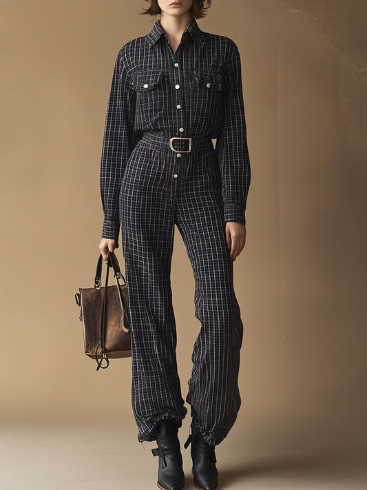 Casual Retro Long-Sleeved Shirt-Style Black And White Plaid Lace-Up Jumpsuit