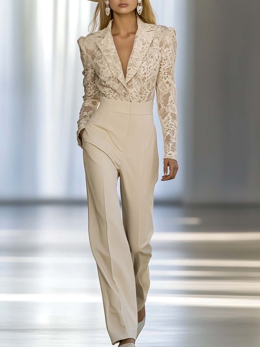 Elegant And Luxurious Ivory Beige Lace Patchwork Cotton Long-sleeved Jumpsuit