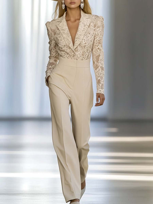 Elegant And Luxurious Ivory Beige Lace Patchwork Cotton Long-sleeved Jumpsuit