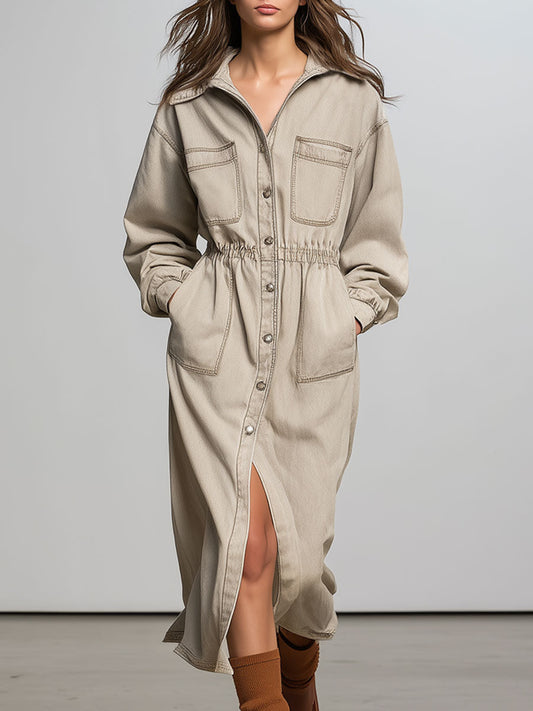 Casual Retro Cream White Denim Elastic Waist Long Sleeve Midi Dress