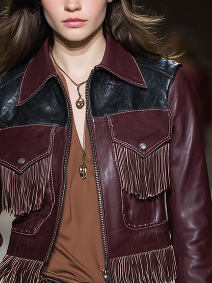 Chaqueta estilo occidental de piel sintética con borlas, paneles en contraste y cremallera 
