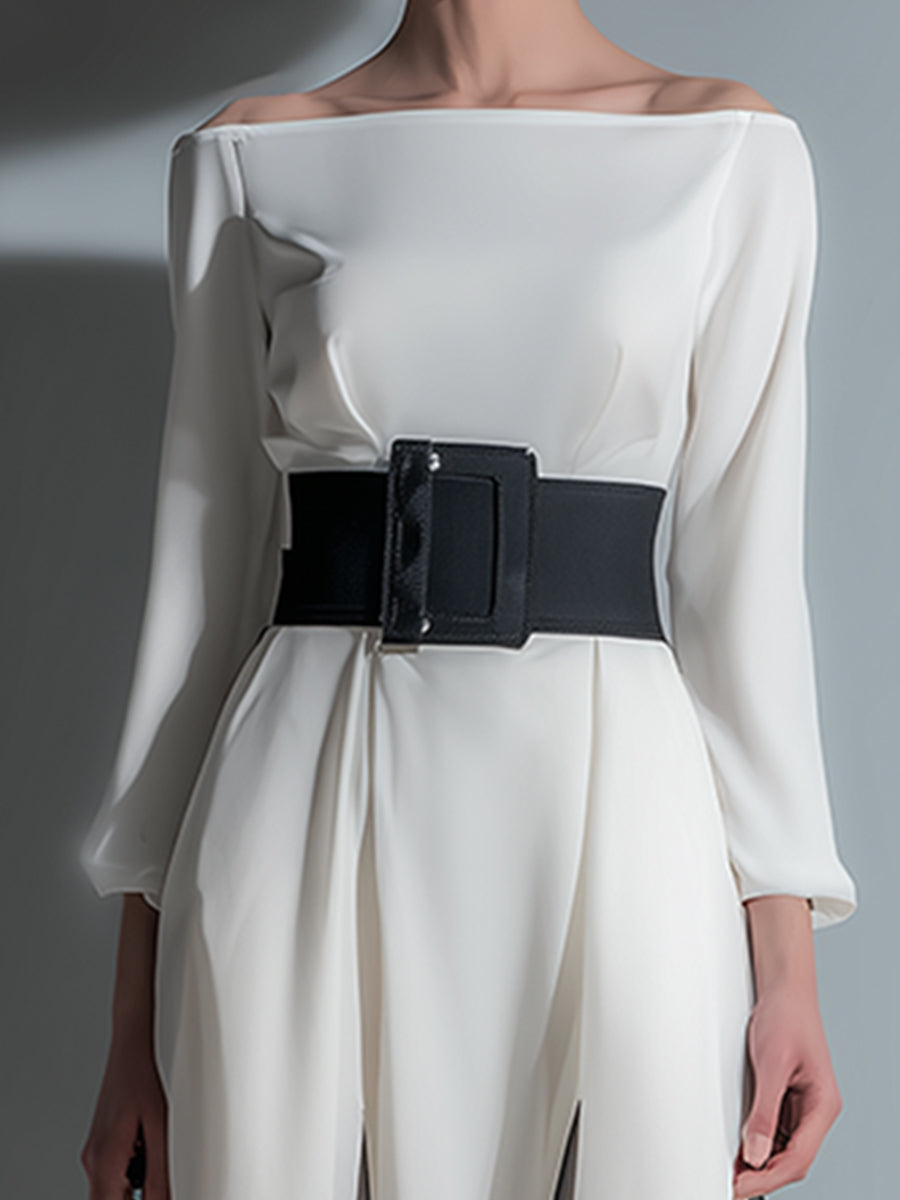 Classic Boat Neck White Chiffon Belted Long Sleeve Maxi Dress