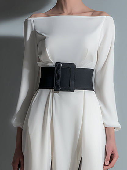 Classic Boat Neck White Chiffon Belted Long Sleeve Maxi Dress
