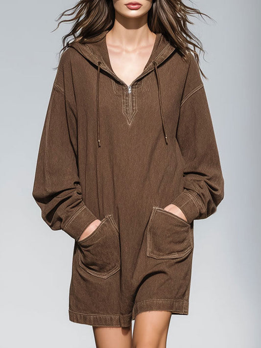 Casual Vintage Brown Denim Hooded Sweatshirt Mini Dress