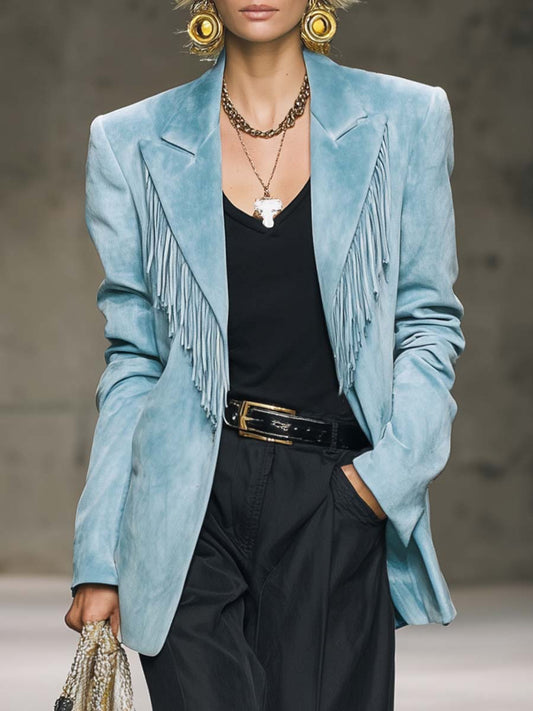 Casual Vintage Western Peaked Lapel Tassel Decoration Light Blue Velvet X-shaped Blazer