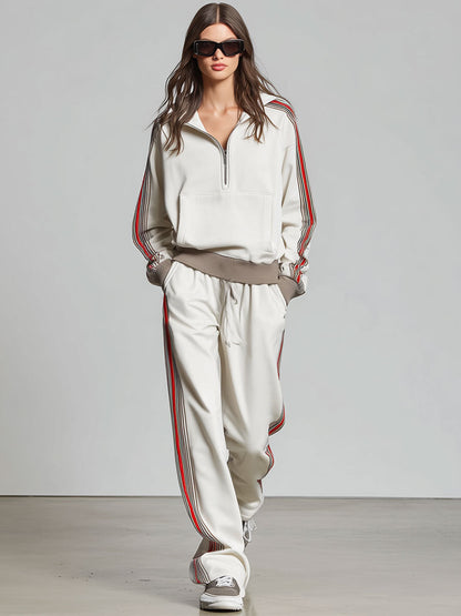 Casual Retro Striped Trim White Knitted Pullover Wide-Leg Pants Sports Set