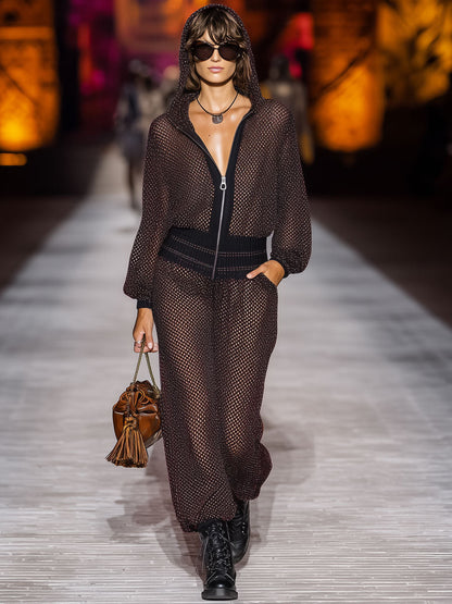 Casual Retro Cocoa Brown Mesh Knit Hooded Zipper Jumpsuit