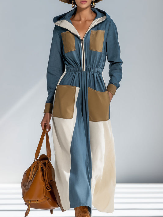 Blue Linen Contrast Zippered Elasticated Shift Mixi Dress
