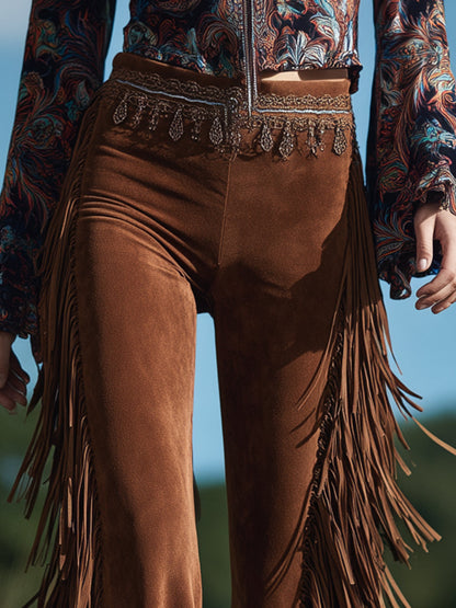 Brown Suede Flared Western Fringed Hem Pants