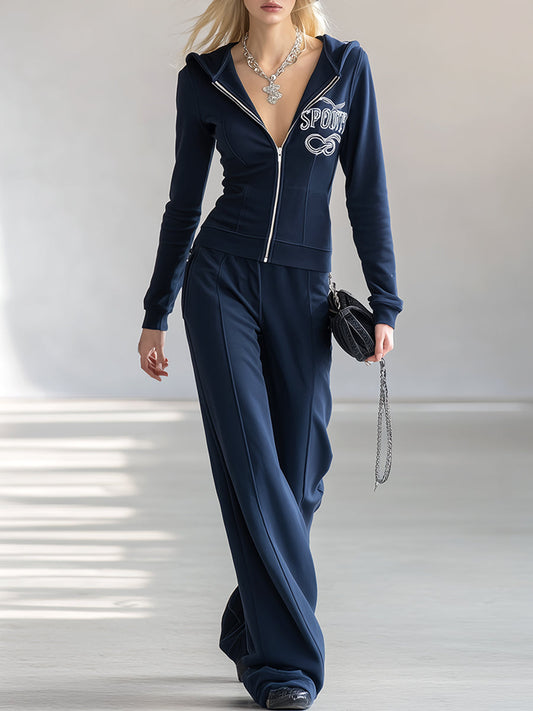 Casual Blue Hooded Printed Zipper Long-sleeved Sweatshirt And Trousers Sports Set