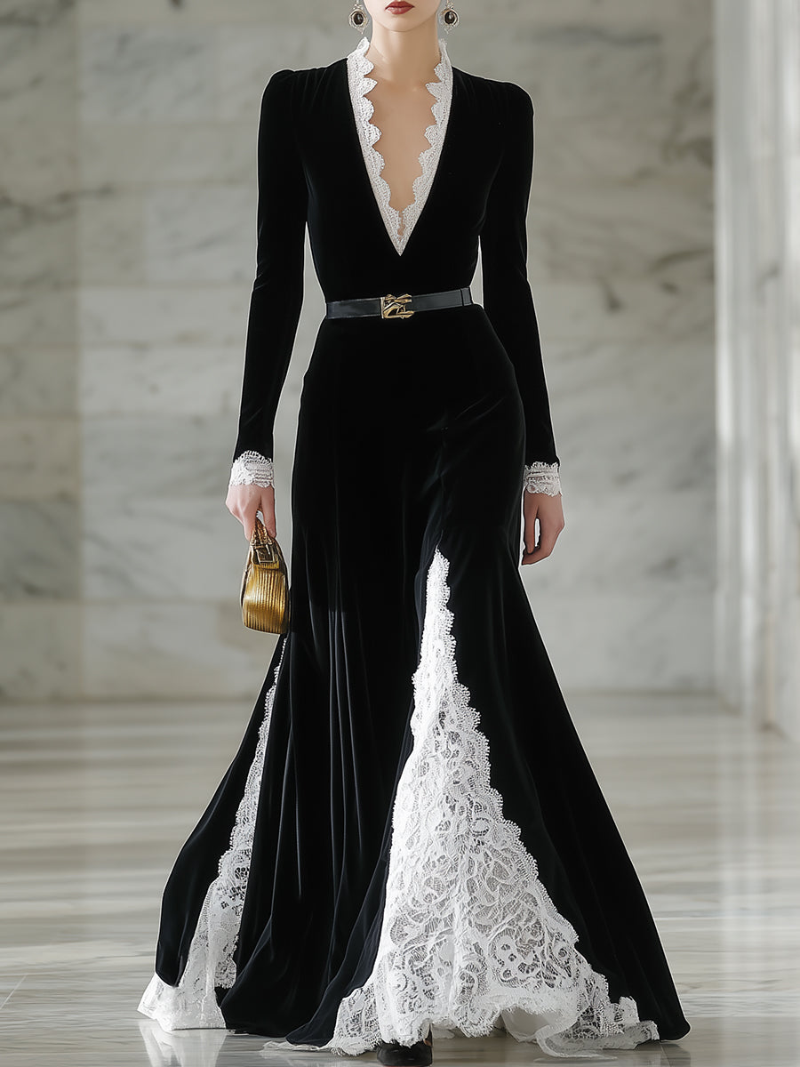 Elegant Black Velvet And Lace Maxi Dress