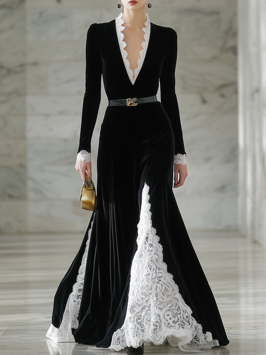 Elegant Black Velvet And Lace Maxi Dress