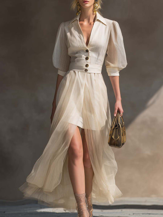 Exquisite Casual Western Front Button V-neck Cover Organza Hem Off-white Cotton And Linen Maxi Dress