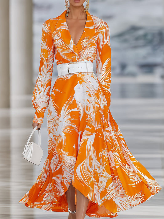 Designer Orange Feather Print Lapel Maxi Dress