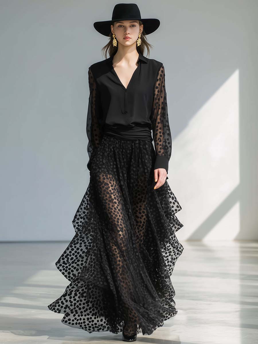 Classic And Fashionable V-neck Long-sleeved Hem Layered Polka Dot Organza Black Chiffon Maxi Dress