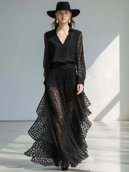 Classic And Fashionable V-neck Long-sleeved Hem Layered Polka Dot Organza Black Chiffon Maxi Dress