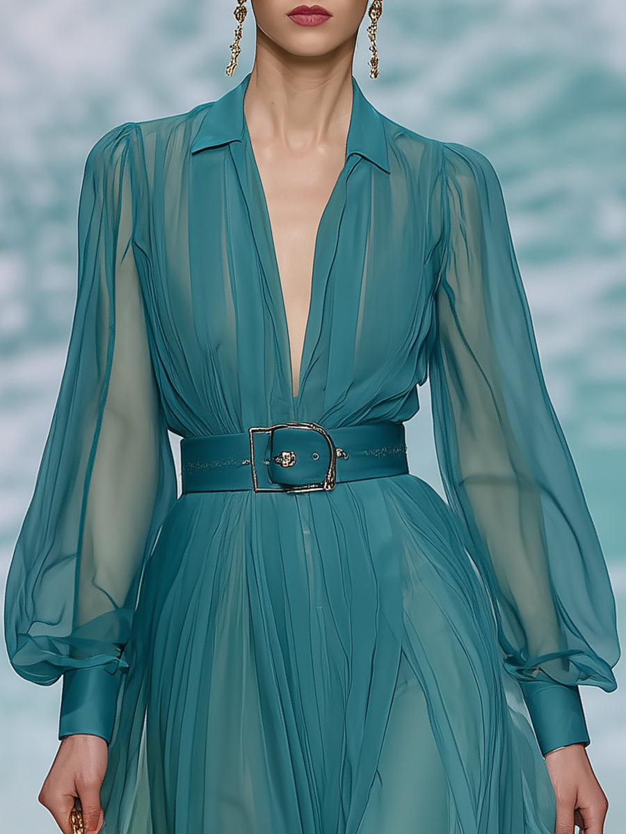 Elegant Green Gradient Lapel Chiffon Long-sleeved Maxi Dress