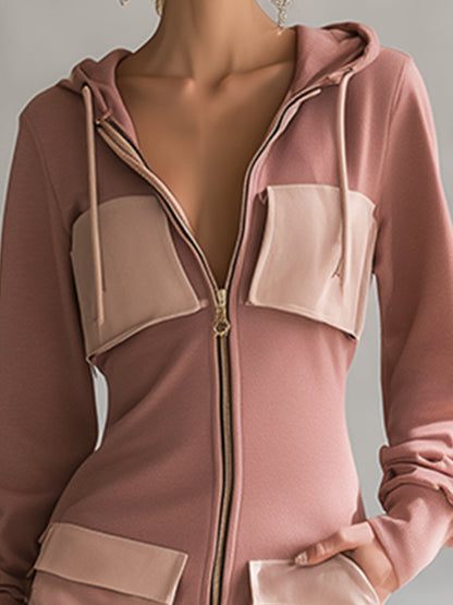 Elegant Casual Dry Pink Hooded Pocket Zipper Sweatshirt Long Sleeve Maxi Dress