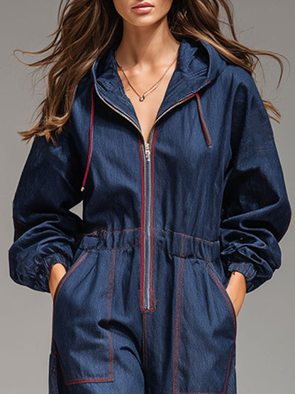 Casual Loose Retro Dark Blue Denim Topstitched Hooded Sports Jumpsuit