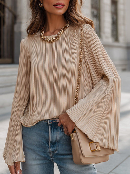 Elegant And Luxurious Champagne Matte Satin Pleated Flared Long-sleeved Shirt