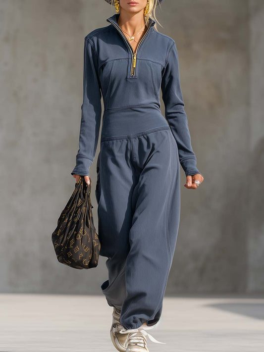 Exquisito mono deportivo informal de algodón gris azulado con solapa y cremallera frontal de manga larga estilo retro 