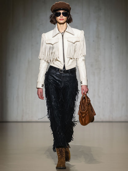 Casual Retro White Faux Leather Tassel Short Jacket