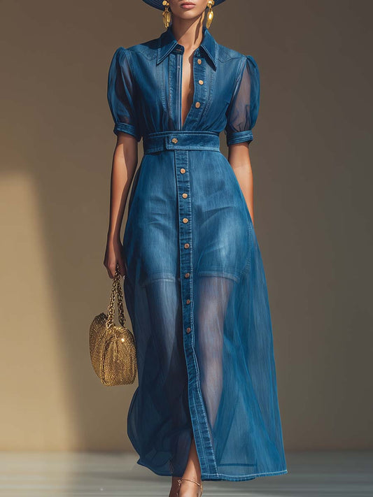 Exquisite Fashionable Front Button V-neck Short-sleeved Outer Cover Organza Blue Denim Maxi Dress