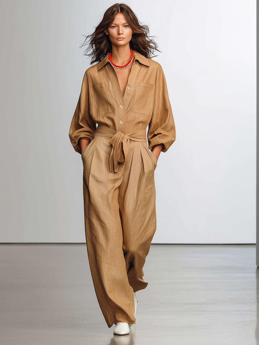 Cotton And Linen Multi-Pocket Lace-Up Long-Sleeved Wide-Leg Jumpsuit