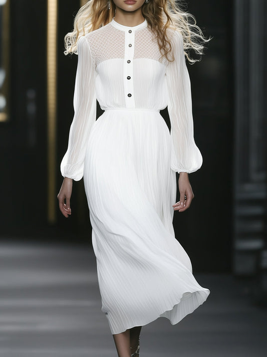 Elegant And Romantic Long-sleeved Textured Chiffon White Midi Dress