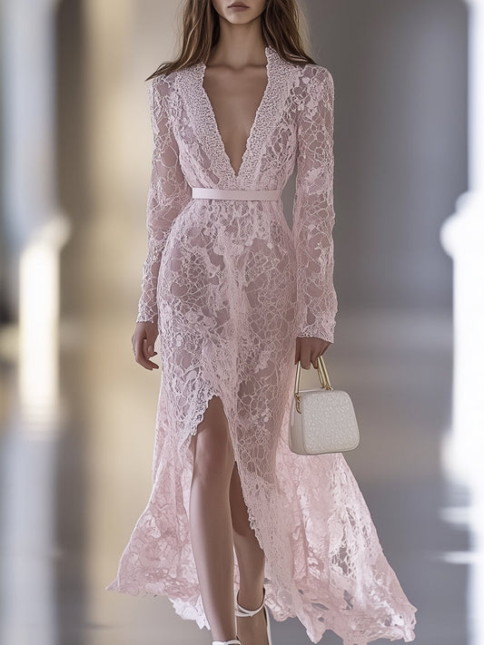 Designer Pink Lace V-neck Slit Maxi Dress
