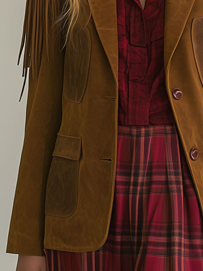 Blazer con borlas de ante camel estilo vintage estilo western 
