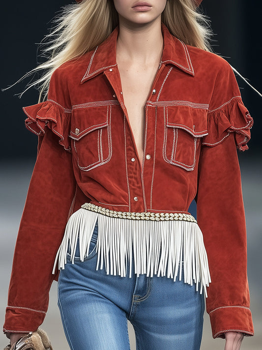Fashion Retro White Tassel Red Suede Ruffle Shirt