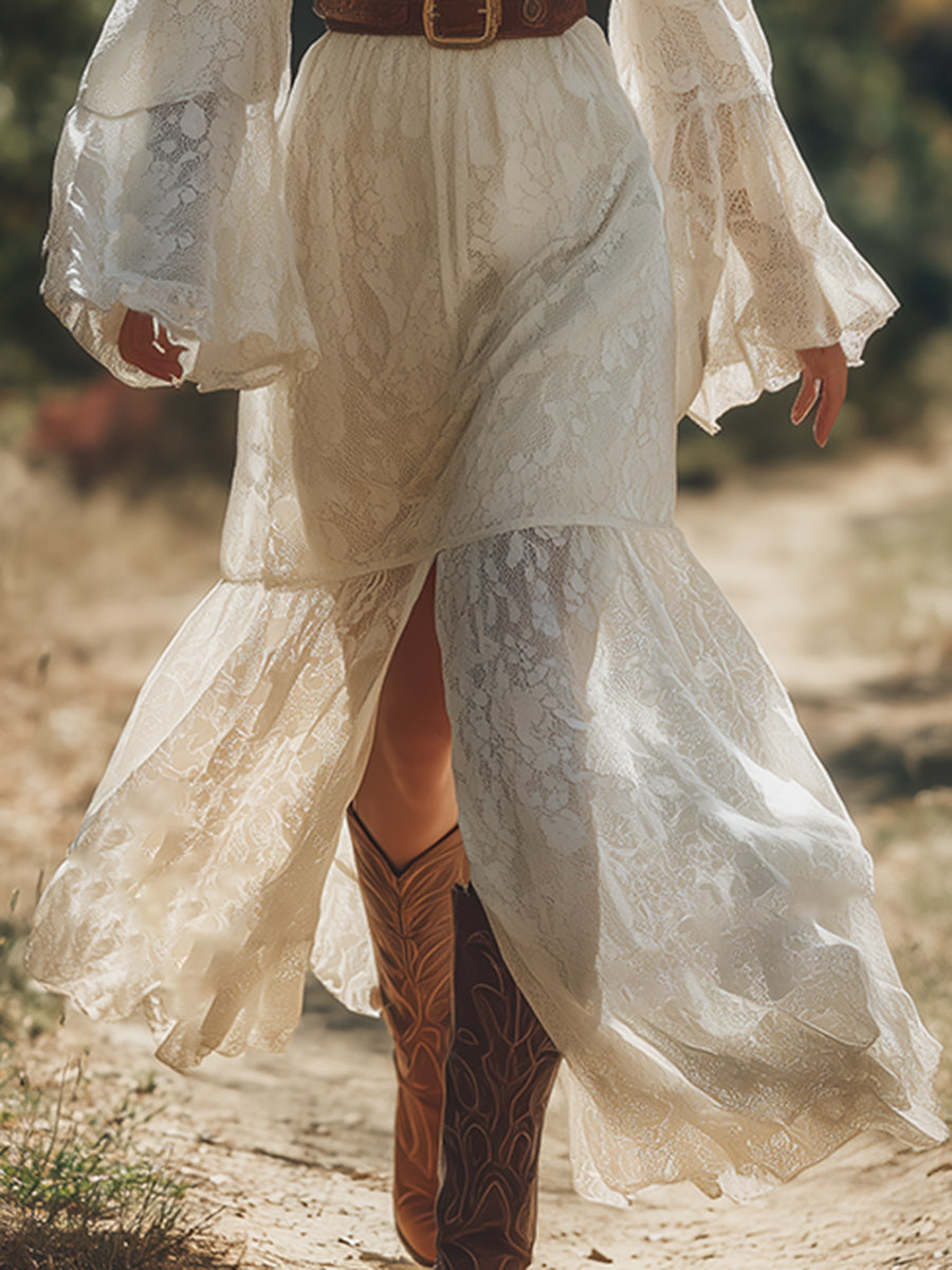 Elegant Western Style V-Neck Trumpet Sleeve Off-White Lace Maxi Dress
