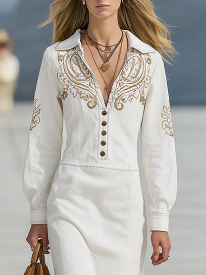 Casual Vintage Paisley Embroidered White Cotton Long-Sleeved Midi Dress