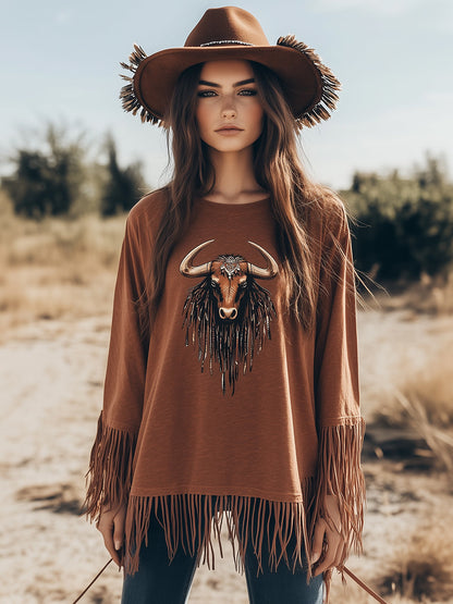 Bohemian Western Vintage Bull Head Pattern Brown Tassel Top