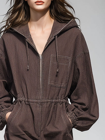 Casual Vintage Cocoa Brown Denim Elastic Waist Pocket Hooded Sports Mini Dress