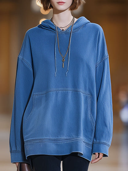 Casual Vintage Blue Denim Pocket Hoodie