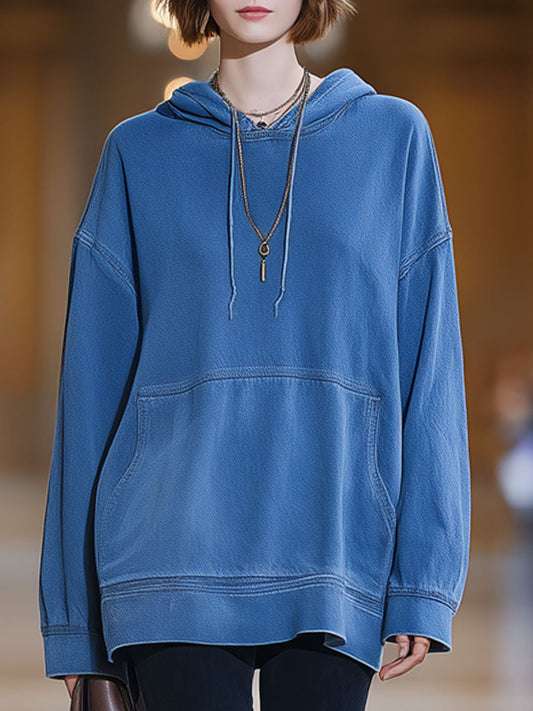 Casual Vintage Blue Denim Pocket Hoodie