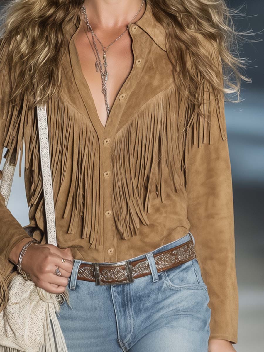 Casual Vintage Western Button Front Tassel Long Sleeve Light Brown Suede Shirt Top