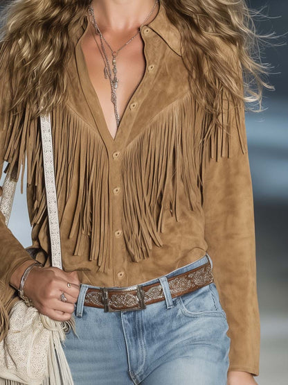 Casual Vintage Western Button Front Tassel Long Sleeve Light Brown Suede Shirt Top