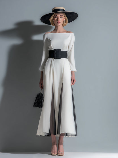 Classic Boat Neck White Chiffon Belted Long Sleeve Maxi Dress