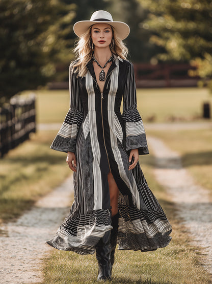 Fashion Retro Nomadic Style Striped Print Front Zipper Long Sleeve Maxi Dress