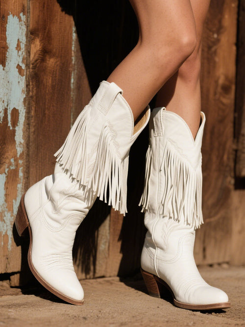 Botas vaqueras de cuero con borlas bordadas estilo western para mujer