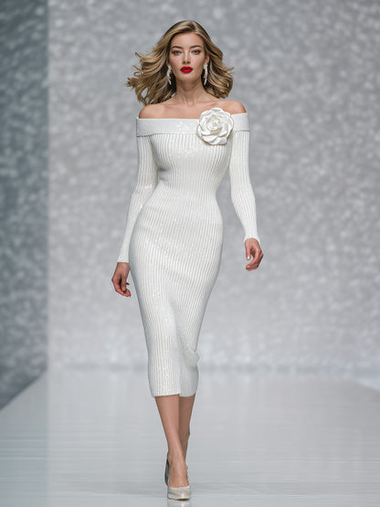 Elegant Shimmering Knitted One-shoulder Three-dimensional Flower Midi Dress