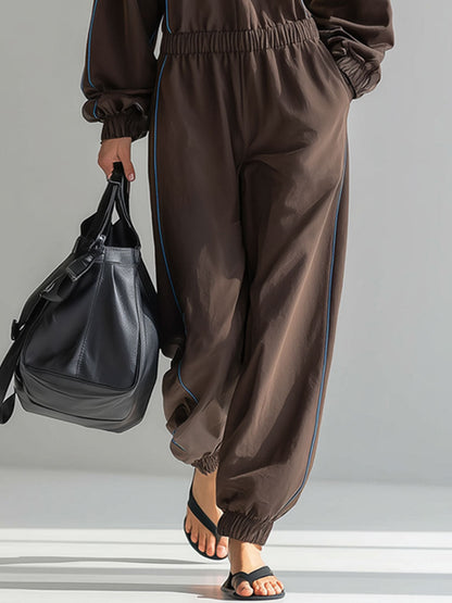 Casual Retro Long Sleeve Hooded Embroidered Blue Trim Cocoa Brown Sports Jumpsuit