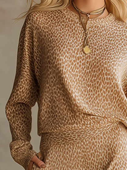 Casual Loose Khaki Leopard Print Sweatshirt And Trousers Set