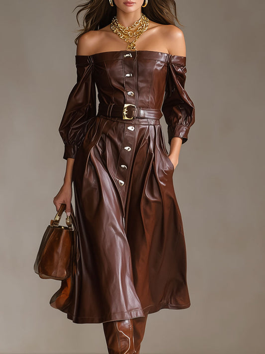 Elegant Faux Leather Off-the-shoulder Long-sleeved Button Midi Dress