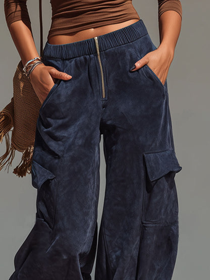 Pantalones anchos de gamuza sintética con múltiples bolsillos de estilo occidental 