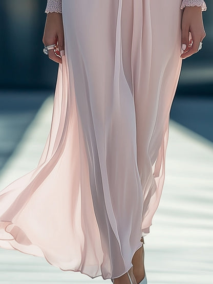 Designer Pink Chiffon V-neck Pleated Elastic Waist Maxi Dress