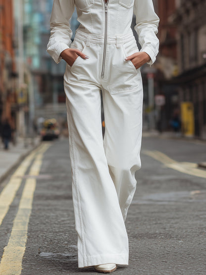 Casual Fashion White Zipper Lapel Long Sleeve Jumpsuit